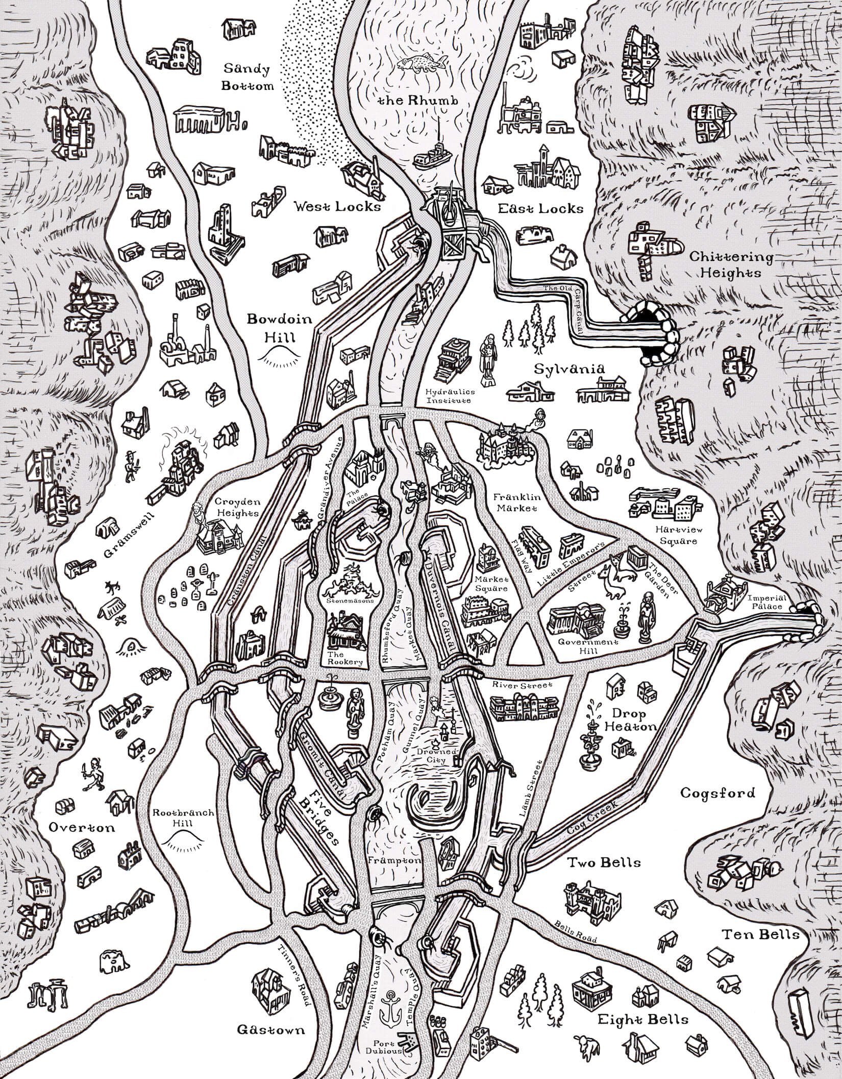 Pictorial Map for A Clockwork River by JS Emery.